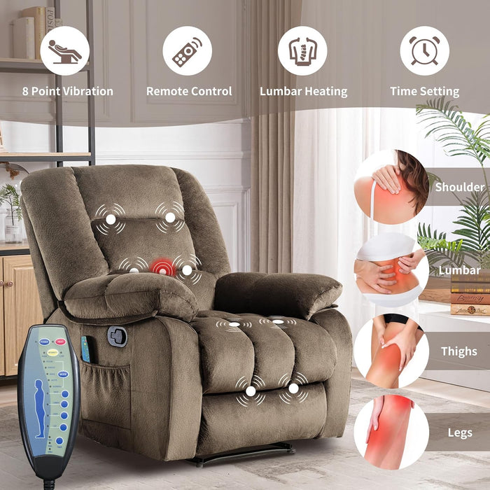 Manual Recliner Chair with Timer Heating and Massage, Ergonomic Overstuffed Breathable Fabric Reclining Chair, Single Sofa with Side Pockets for Living Room Home Theater(Tan)