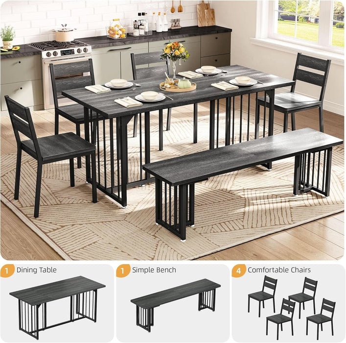 63 Inch Dining Table Set for 6-8 People 6-Piece Large Kitchen Table Set with 2 Benches and 4 Chairs Farmhouse Rectangular Dining Room Table for Kitchen Dining Room Apartment Dark Grey