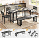63 Inch Dining Table Set for 6-8 People 6-Piece Large Kitchen Table Set with 2 Benches and 4 Chairs Farmhouse Rectangular Dining Room Table for Kitchen Dining Room Apartment Dark Grey