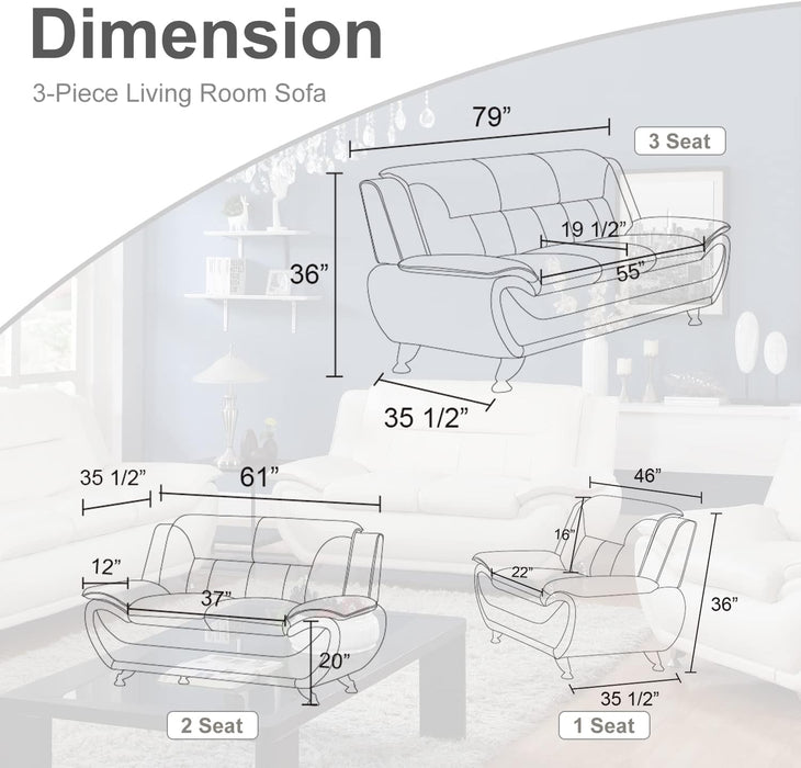 3 Piece Living Room Furniture Set, Leather Sofa Set for Living Room, Modern Couch Set with 3-Seater Sofa, Loveseat and Armchair (Cream White)
