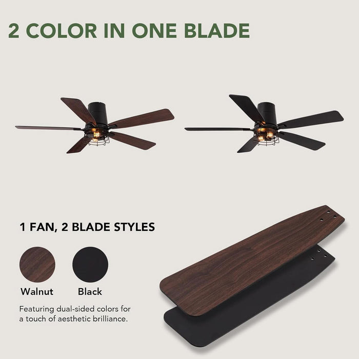 52 Inch Ceiling Fans with Lights, Farmhouse Ceiling Fan with Lights and Remote, Noiseless DC Motor, Black Flush Mount Ceiling Fan for Bedroom Living Room Indoor Outdoor