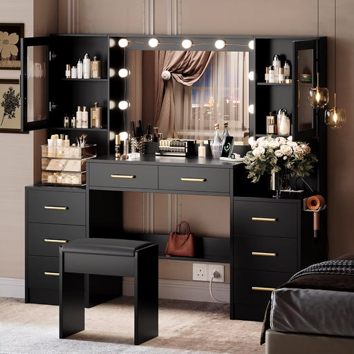 58.3" Large Vanity Desk with Mirror, Lights, 10 LED Lights, 8 Sliding Drawers, 2 Cabinets, Stool, Power Outlet, 3 Lighting Modes