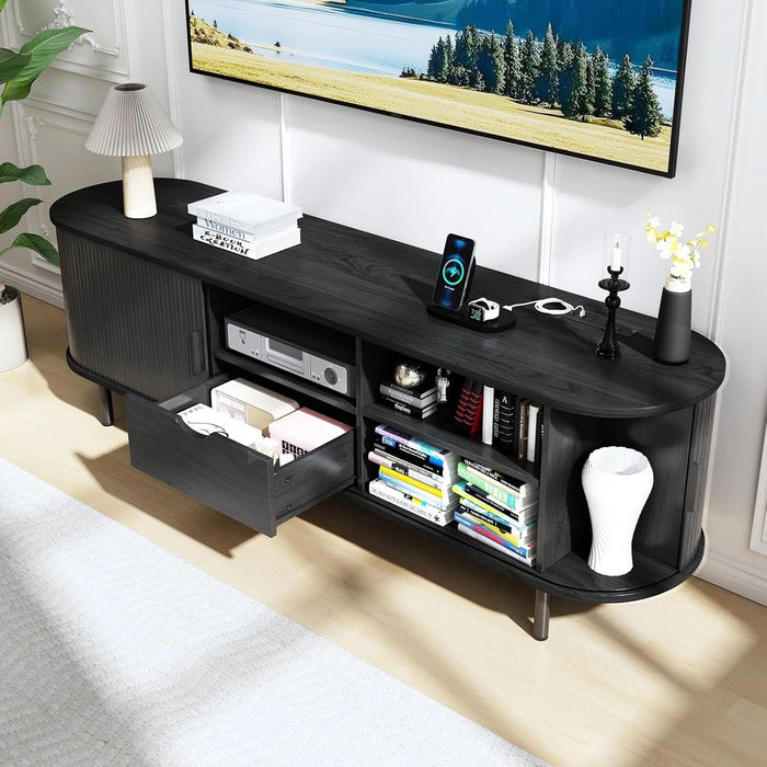 69" Mid-Century TV Stand with Power Outlet, Fluted Entertainment Center with Storage Drawer, TV Console with Sliding Door and Adjustable Shelves, TV Stand up to 80" for Living Room, Bedroom, Black