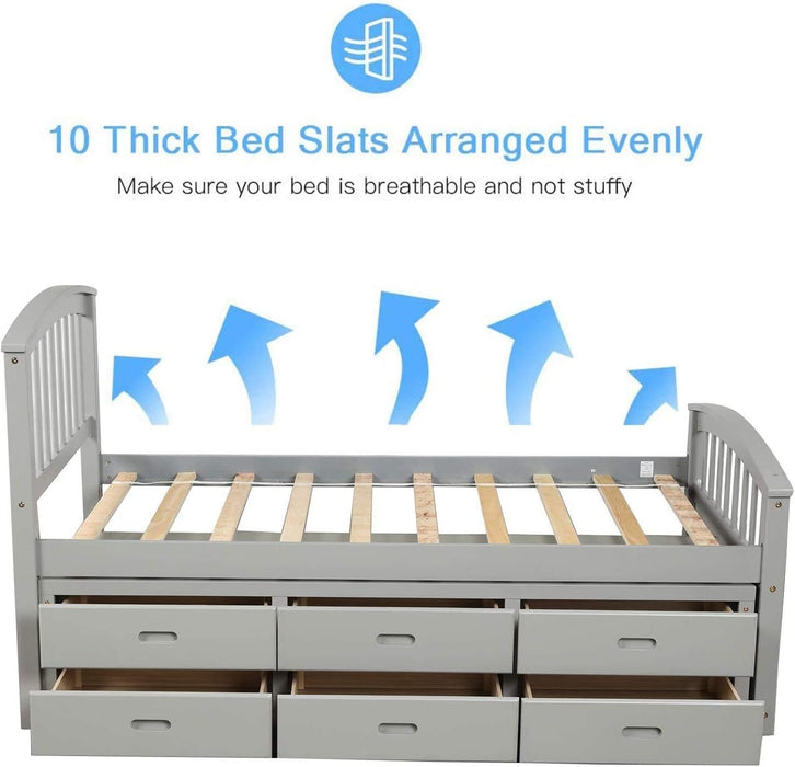 Platform Storage Bed Solid Wood Bed with 6 Drawers Twin Size