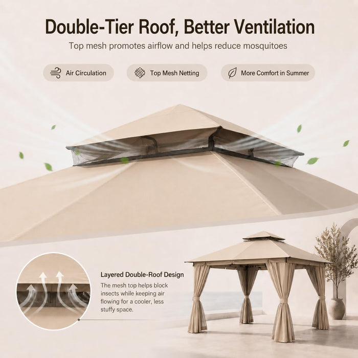 10'X10' Outdoor Gazebo, Heavy Duty Metal Patio Canopy Tent Shelter with Double Roof, Mosquito Netting & Privacy Curtains for Backyard, Garden, Deck, Lawn, Khaki