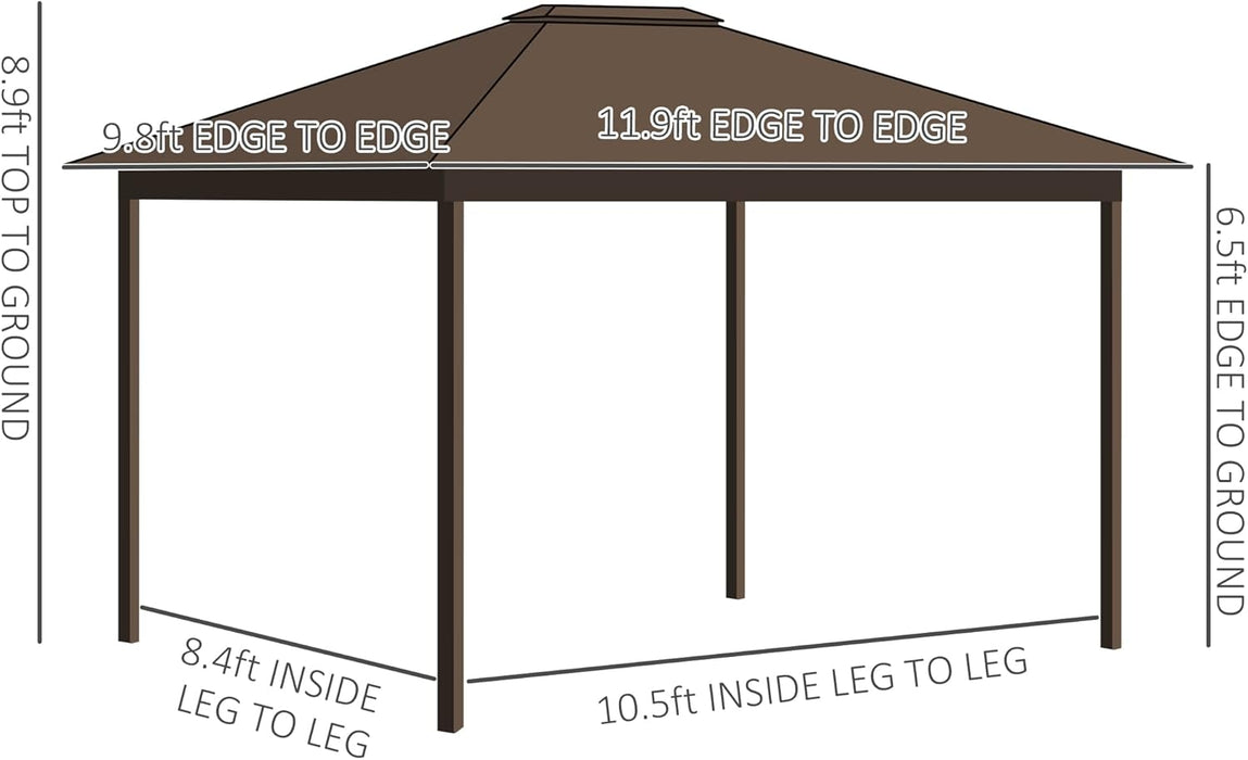 10' X 12' Hardtop Gazebo Canopy with Galvanized Steel Roof, Aluminum Frame, Permanent Pavilion with Top Hook, Netting and Curtains for Patio, Garden, Backyard, Deck, Lawn, Brown