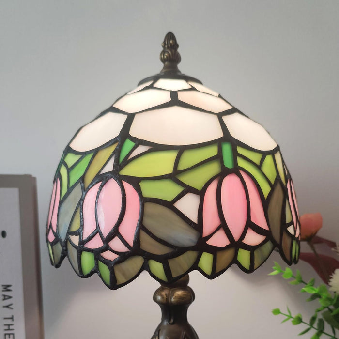 Tiffany Table Lamp Small Stained Glass Desk Lamp Vintage Bedside Lamp Included 3 Way LED Bulb for Home Living Room Nightstand Bedroom Office (Pink Tulip)