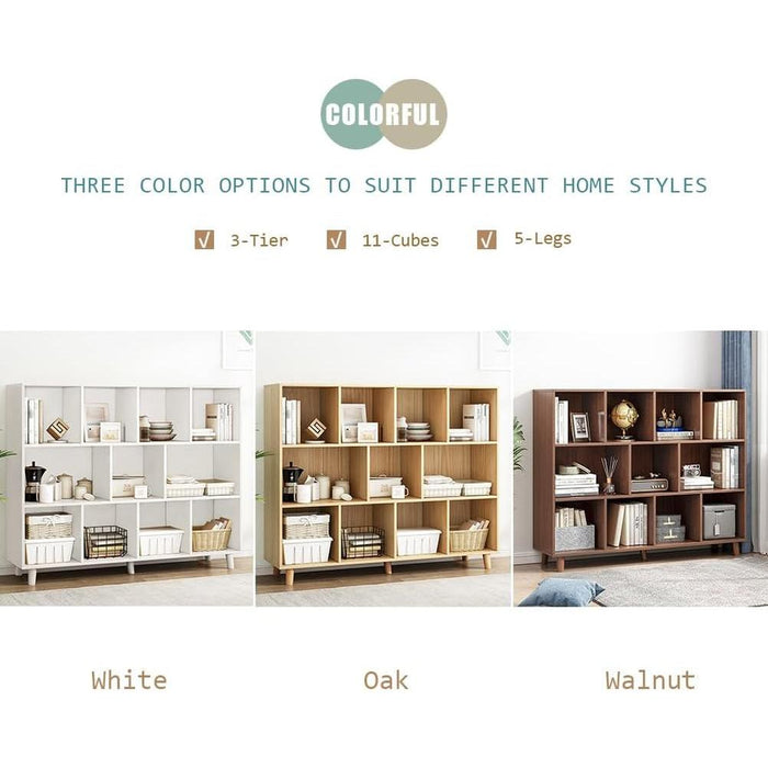 Open Cube Low Bookcase - 3-Tier Freestanding Storage Display Cabinet Organizer with Legs for Home Office, 11-Cubes Open Shelf Short Bookshelf, Oak