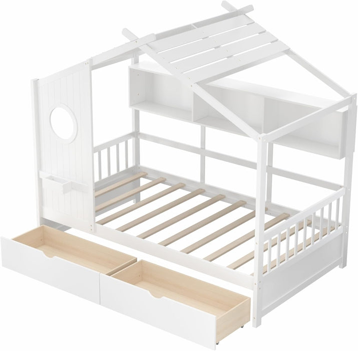 White Twin Size Wooden House Bed TwoUnderbedStorageDrawers