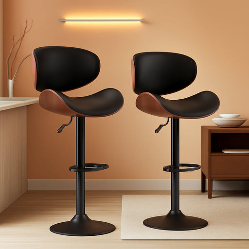 Bar Stools Set of 2, Adjustable Swivel Leather Bar Stools for Kitchen Island, Mid Century Modern Counter Height Bar Chairs Barstools with Back & Footrest (Black)
