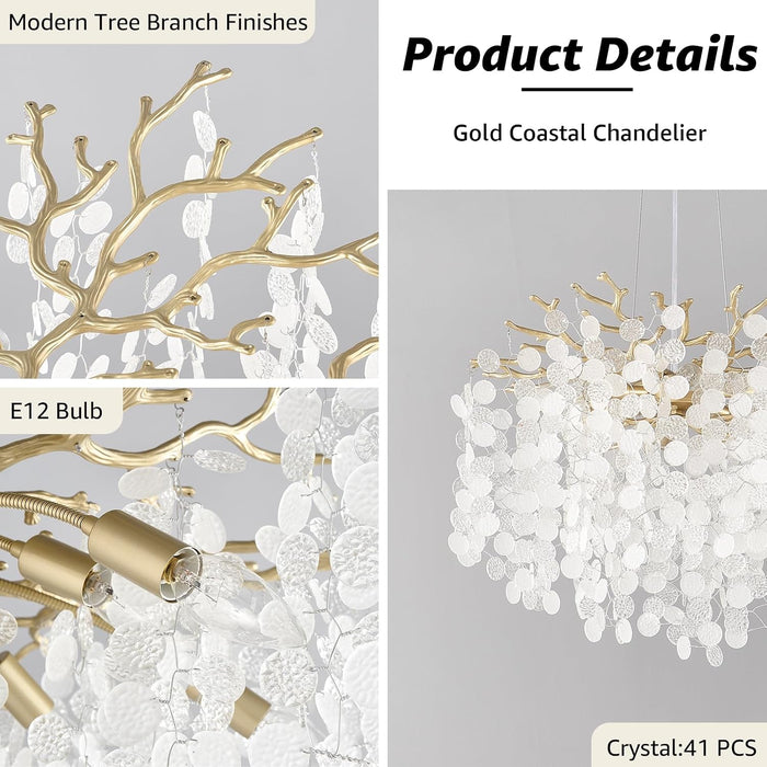 18-Inch Coastal Chandelier 6-Light Gold Tree Branch Crystal Chandelier