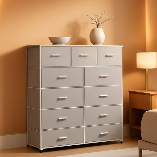 Tall Dresser for Bedroom, Fabric Dresser Storage Tower, Dresser & Chest of Drawers Organizer Unit with 11 Drawers, Storage Cabinet, Hallway, Closets, Steel Frame, Wood Top
