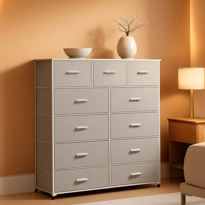 Tall Dresser for Bedroom, Fabric Dresser Storage Tower, Dresser & Chest of Drawers Organizer Unit with 11 Drawers, Storage Cabinet, Hallway, Closets, Steel Frame, Wood Top