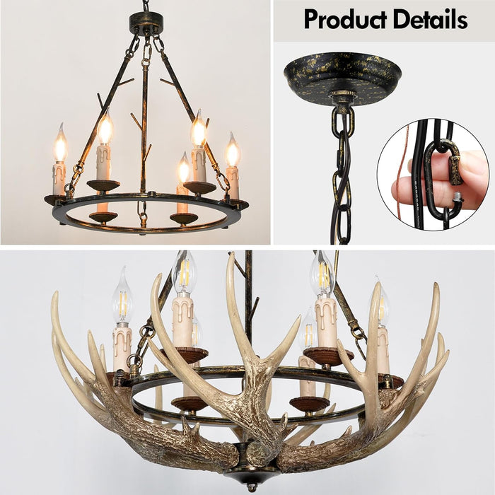 Six-Light Rustic Antler Chandelier With Wagon Wheel