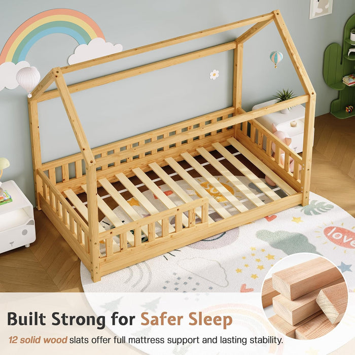 Twin Size NaturalWood PlayhouseStyle Bed Guardrails