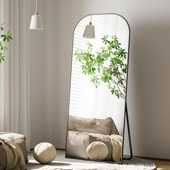 Mirror, 71X26 Inch Full Length with Stand, Black, Rounded Top, Floor Mount, Aluminum Frame, for Bedroom, Living Room