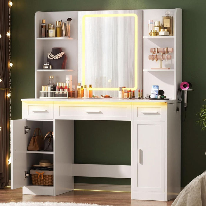Vanity Desk with Mirror & Lights, 42" Large Farmhouse Vanity with RGB Lights & 3 Drawers, Makeup Dressing Table with Charging Station, 3 Lighting Modes for Women Girls Bedroom