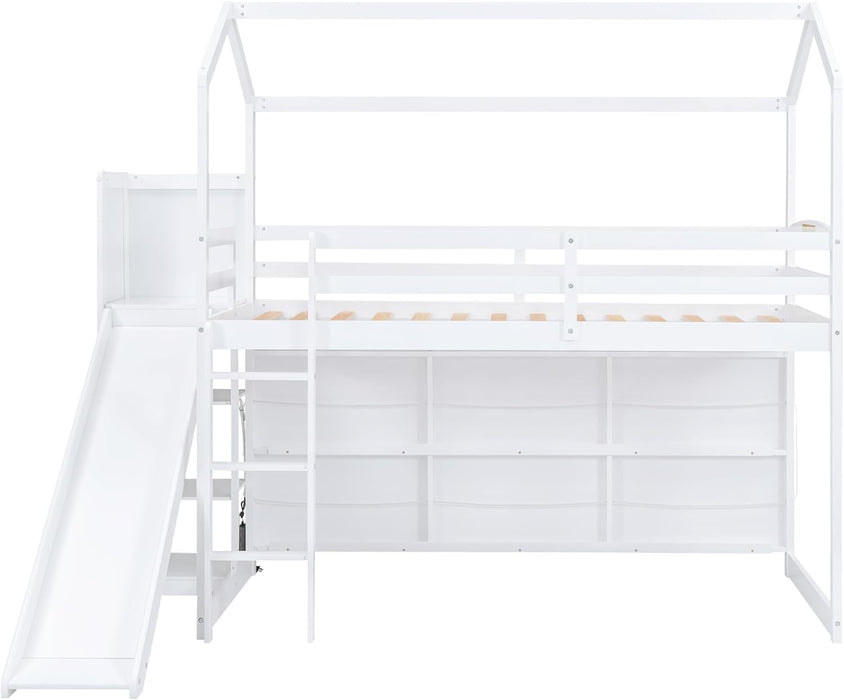 White Twin Loft Bed WithOverheadStorageCompartments