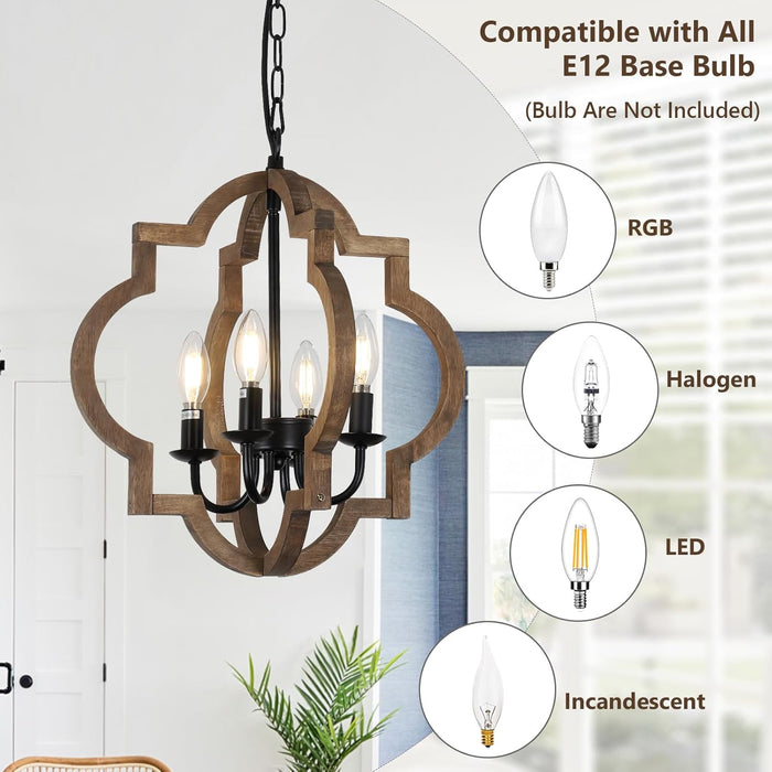 Wood Chandelier Farmhouse FourLight Rustic Brown 15In
