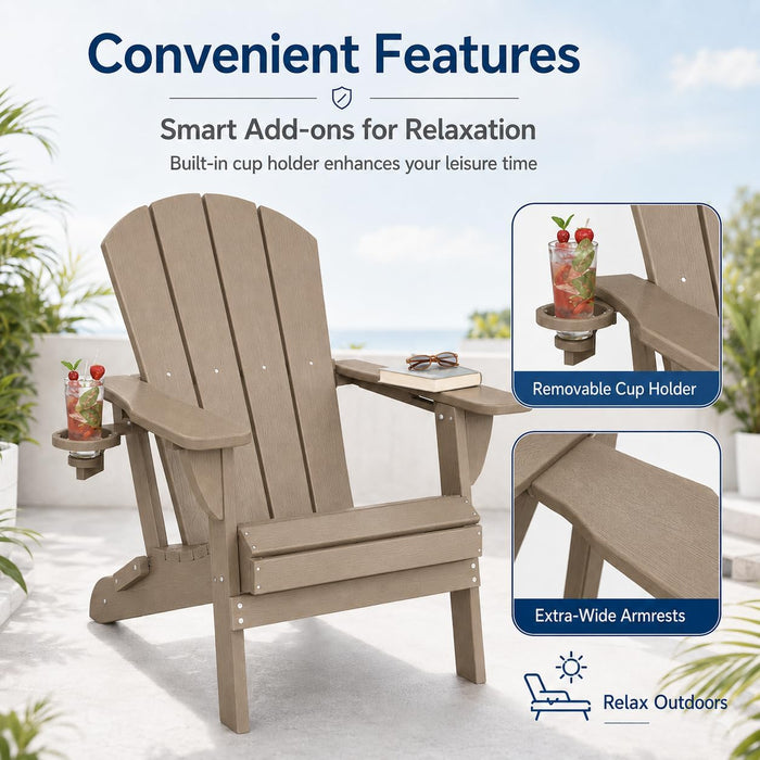 Folding Adirondack Chairs Set of 6 with Cup Holders, Heavy Duty HDPE Plastic Outdoor Chairs, Weather Resistant Heavyweight Patio Furniture Set for Deck, Fire Pit, Backyard, Brown