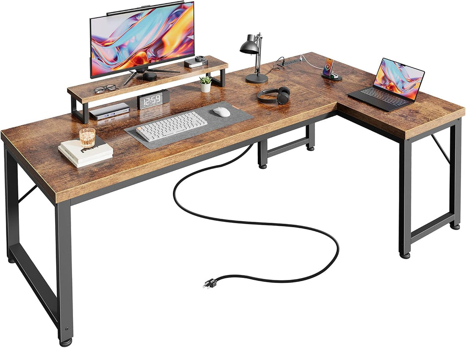 53" L Shaped Computer Desk, Outlets, Monitor Stand, Rustic Brown