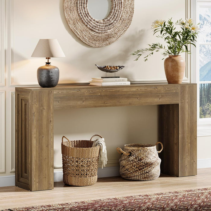 63-Inch Long Console Table, Farmhouse Narrow Sofa Table behind the Couch for Living Room, Entryway, Hallway, Foyer, Natural Brown