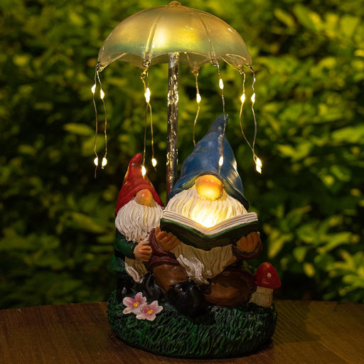 Garden Gnomes Statues Outdoor Decor Gifts, Resin Figurines outside Decoration Ornaments Clearance Gardening Decoration, Solar Powered Umbrella Fireworks Lights