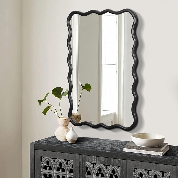 28X40 Inch Wavy Wood Mirror for Wall, Black Solid Wood Frame