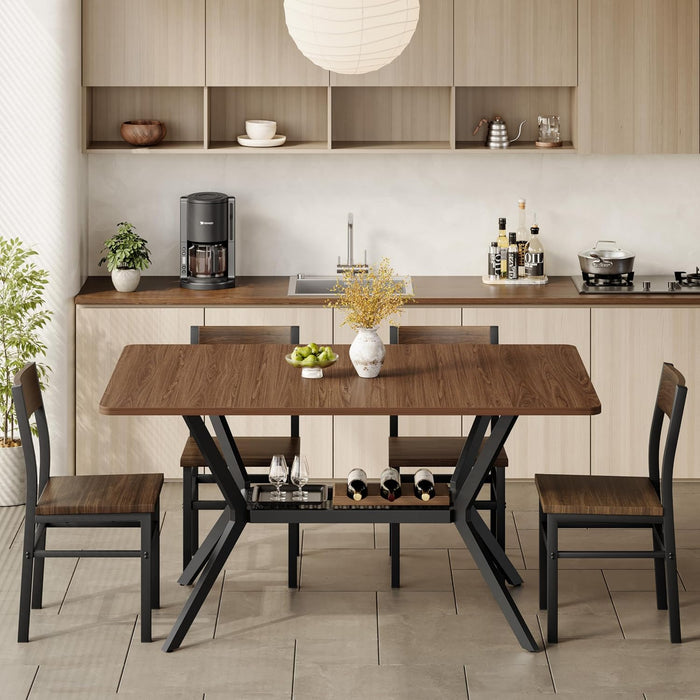 55 Inch Dining Table for 4-6, Rectangle Kitchen Table with Storage Shelf, Space Saving Modern Farmhouse Design with Sturdy Metal Legs for Dining Room & Small Apartments