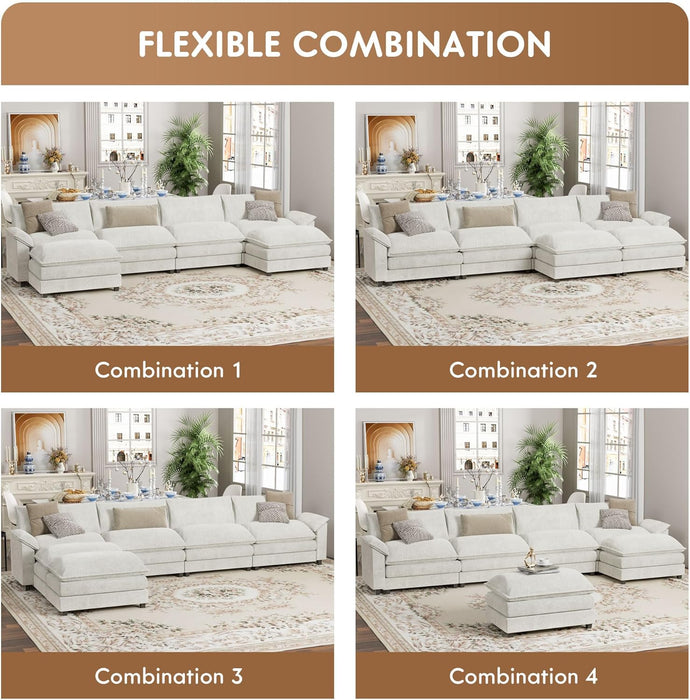 Sectional Modular Sofa U Shaped Chenille Fabric Couch with High Supportive & Soft Sponges and Removable Ottoman, Sleeper Comfy Upholstered Furniture for Living Room, White