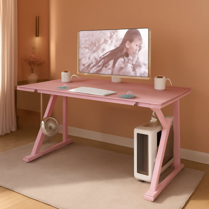 Gaming Computer Desk with Carbon Fiber Surface, Gaming Table Z Shaped Pc Home Office with Cup Holder&Headphone Hook(44 In, Pink)
