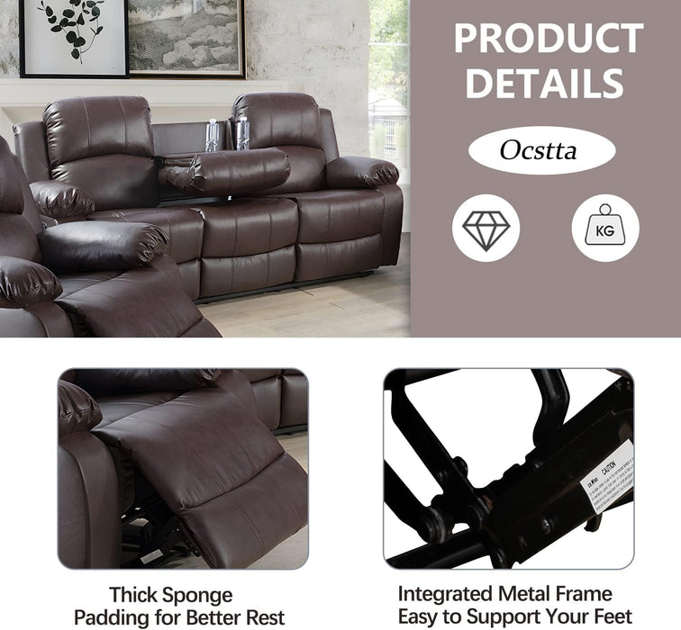 Manual Leather Recliner Sofa Set for Living Room Furniture Set,Leather Recliner Couch Set for Home/Office,Leather Reclining Sofa Set for 3-Pieces(Sofa+Loveseat+Chair) Brown