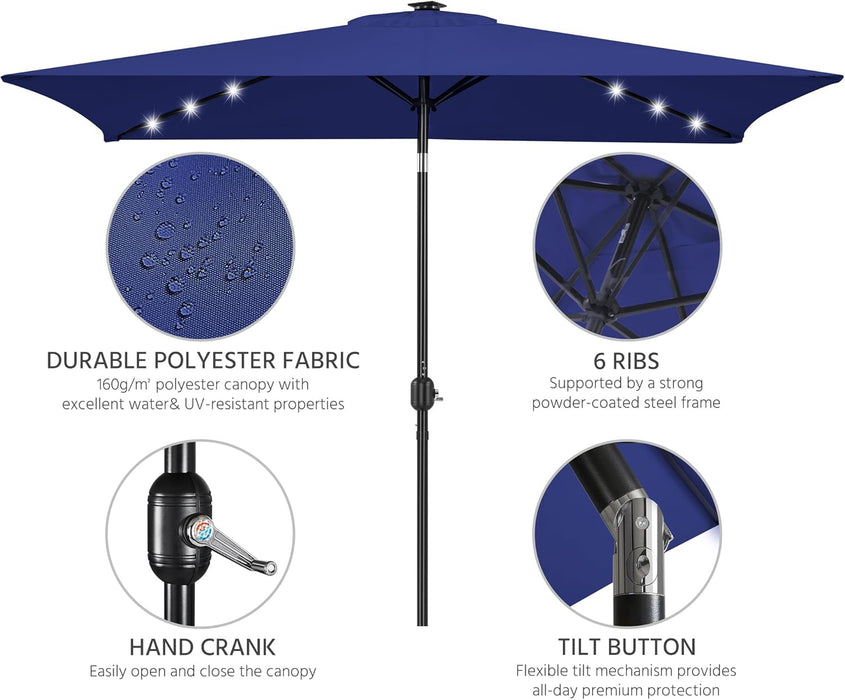 6.5X10Ft Rectangular Patio Umbrella Solar Powered Outdoor Table Market Umbrella with LED Lights & Push Button Tilt & Easy Crank for Garden/Lawn/Beach/Pool/Deck Navy Blue