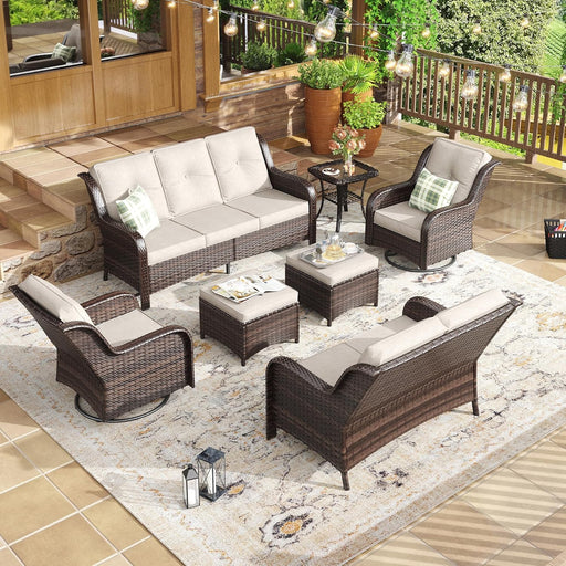 6 Piece Outdoor Patio Furniture Sets,Rattan Wicker Conversation Set with 3-Seat Sofa,2 Swivel Chairs,2 Ottomans and 1 Lover Seat for Garden,Beige Cushion