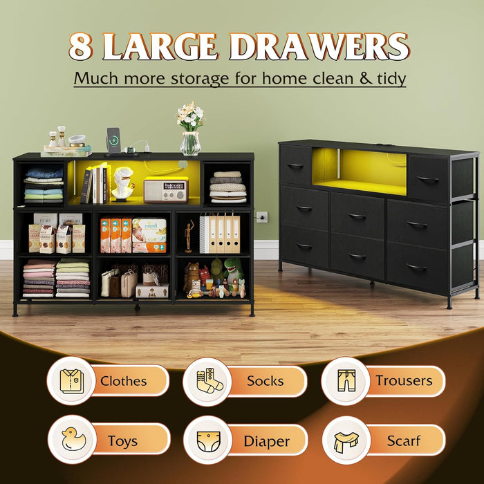 Black Dresser for Bedroom, TV Stand for Bedroom for 55 Inch TV with Charging Station and LED Lights, Fabric Chest of Drawers with Open Shelves, 8 Drawers Dressers for Living Room, Closet