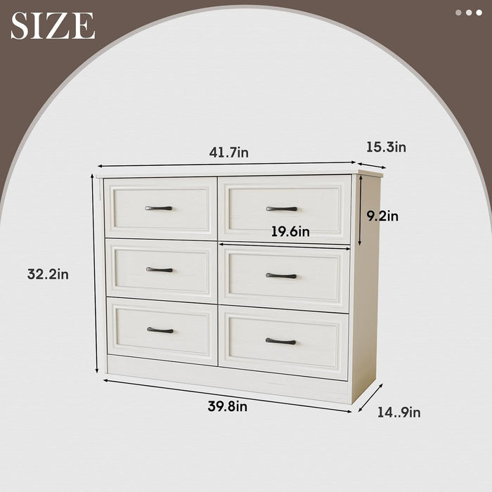 Dresser for Bedroom, 6 Drawer Wide Dresser Organizer with Charging Station for Hallway with Metal Handles, Woodgrain White