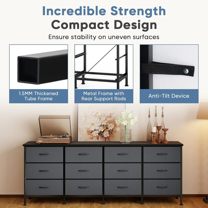 TV Stand Dresser with 12 Fabric Drawers, Large Fabric TV Consoles for Living Room & Bedroom up to 80'' Tvs, Wood Top Entertainment Center in 70.86" D X 13.77" W X 26.49" H, Grey