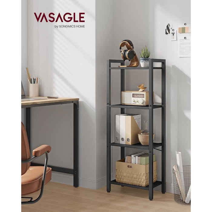 4-Tier Tall Bookshelf, Bookcase with Steel Frame, Book Shelf for Living Room, Home Office, Study, 9.4 X 15.7 X 42.1 Inches, Industrial Style, Ebony Black and Black ULLS099B56