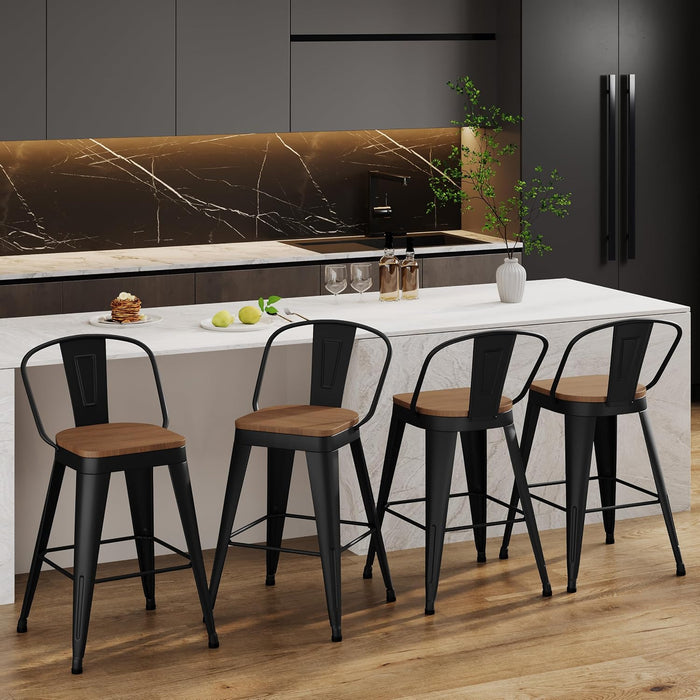 Metal Bar Stools Set of 4,24 Inch Barstools Counter Height Barstools with Backs Farmhouse Bar Stools with Larger Seat High Back Kitchen Dining Chairs Modern Bar Chairs Matte Black Stool