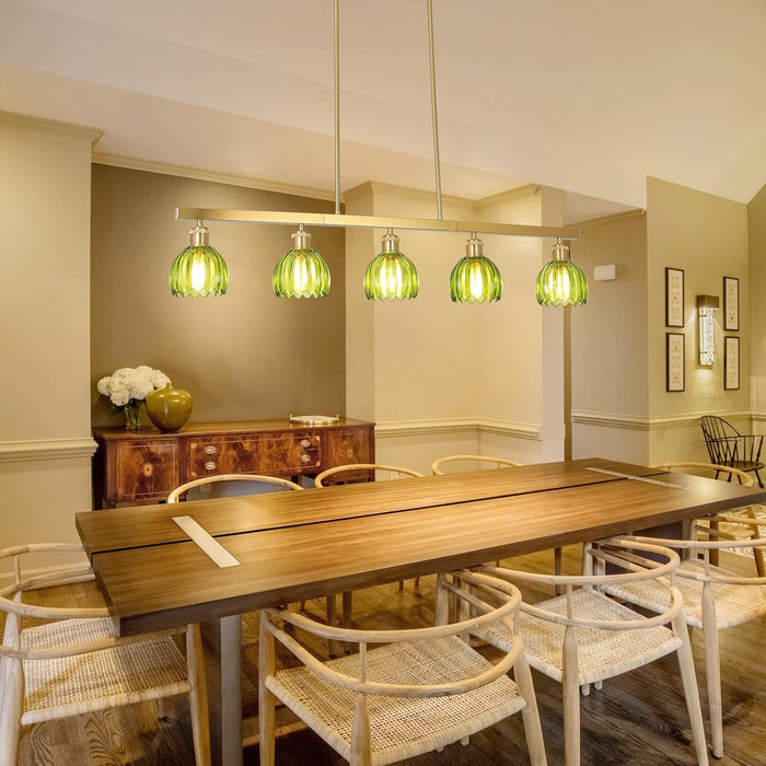 Gold Pendant Chandelier With Emerald Floral GlassShade