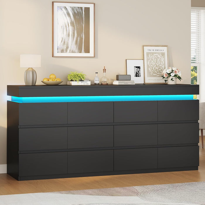 12 Drawer Dresser with LED Light, Black Modern Chest of Drawers for Bedroom,Long Dresser with Drawers for Living Room, Entryway, Hallway