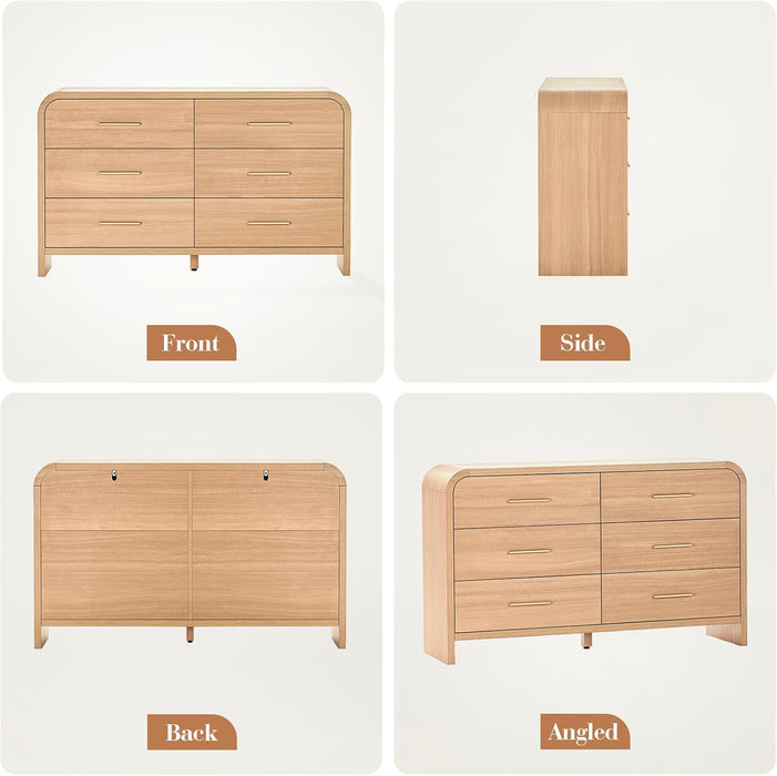 Curved 6-Drawer Dresser for Bedroom, 54" Wide Modern Chest of Drawers, Vanity Desk TV Stand for Living Room, Closet Storage Drawers Coffee Table Bedside Table End Table, Oak