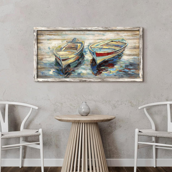 Nautical Boats Framed Wall Art: Beach Sailing Boat Painted Sea Canoe Picture Lake Painting Abstract Sail Artwork Seaside Rowboat Picture Decor for Living Room Bedroom