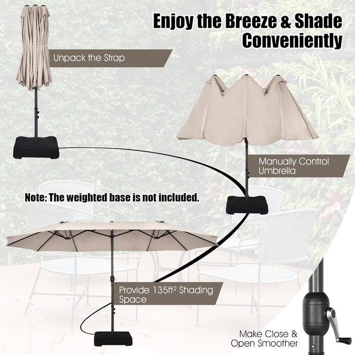 15Ft Double-Sided Patio Umbrella, Outdoor Extra Large Umbrella W/Hand-Crank System & Air Vents, Market Twin Umbrella W/ 12-Rib Sturdy Metal Frame for Poolside, Garden Backyard (Beige)