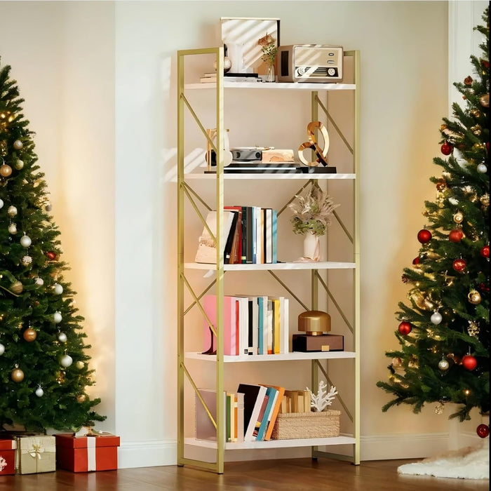 Brushed Gold FiveTier Bookshelf With Display Stand