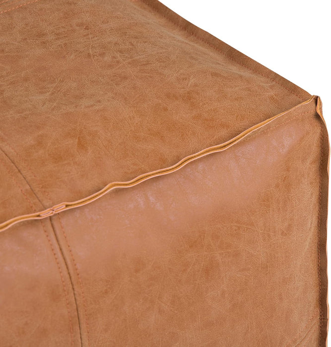 Brody Square Pouf - 18 Inch Wide Upholstered Vegan Leather Ottoman in Distressed Brown, Boho Footstool, Coffee Table or Extra Seating for Living Room or Bedroom, Assembled