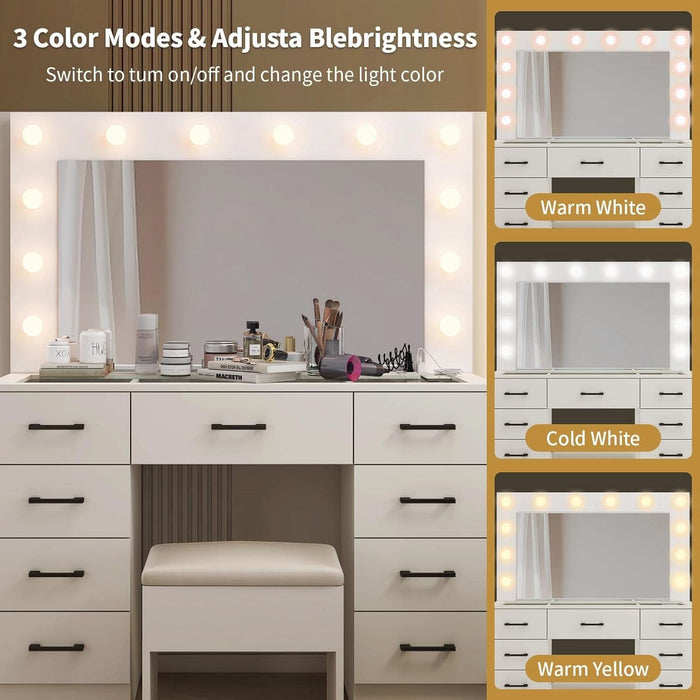Vanity Desk with Large Lighted Mirror & Powre Outlet, Glass Tabletop Makeup Vanity Set with 9 Drawers, 45.3" Vanity Table with 3 Color Lighting Modes, Dressing Table for Women Girls, White