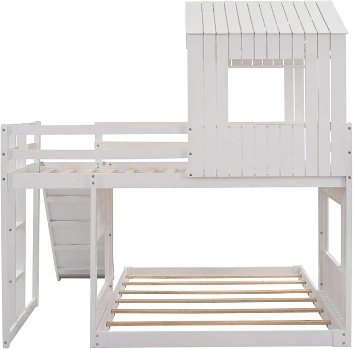 Twin over Full Bunk Bed Frames Loft Bed with Slide, House Roof, Window and Safety Guardrails for Boys or Girls, White