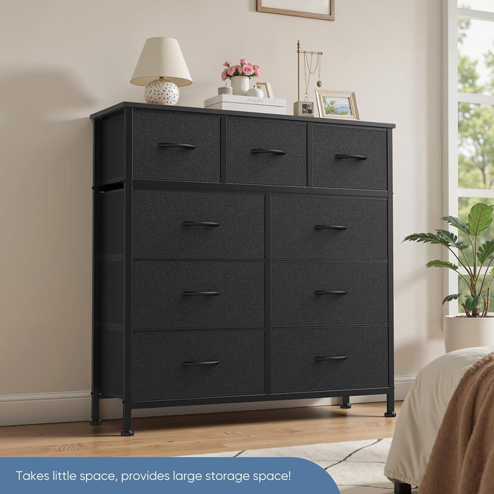 9 Drawer Dresser for Bedroom, Fabric Storage Organizer with Sturdy Metal Frame, Wooden Top Chest of Drawers for Closet Entryway Guest Room,Matte Black