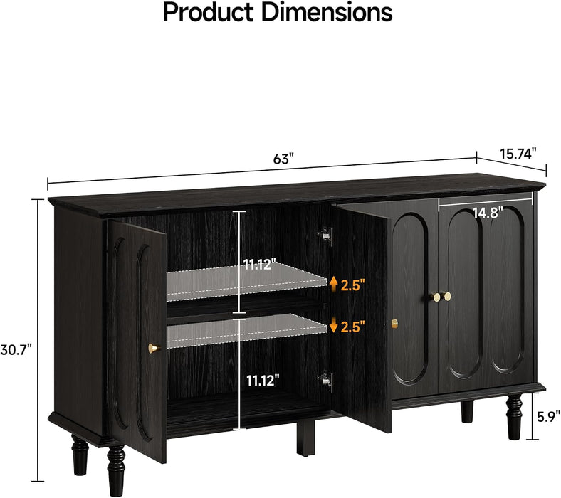 63 Inch Buffet Cabinet with Storage, Arched Sideboard Cabinet with 4 Doors and Adjustable Shelves, Wooden Coffee Bar for Kitchen, Living Room, Entryway, Black
